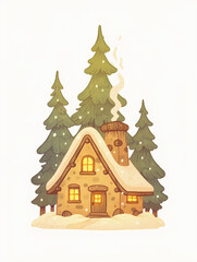 Fototapeta premium Winter cottage house with snow on roof in pine forest. Christmas and holiday concept. Illustration for greeting cards and winter print with copy space. 