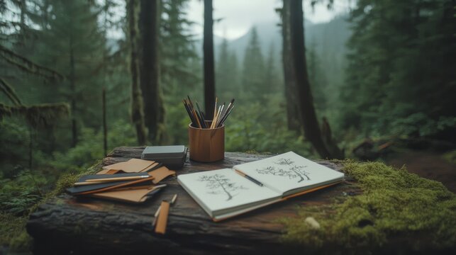 A weathered notebook and art tools sit on a moss-covered tree stump amidst a tranquil forest, inviting creativity and reflection.