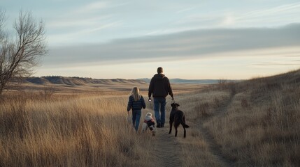 A family and their dog walk down a serene, golden field path, capturing a moment of togetherness in nature's vast, quiet beauty.