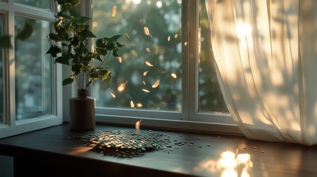 Sunlight streams through a window, casting gentle shadows and illuminating a tranquil scene with floating leaves and scattered puzzle pieces.