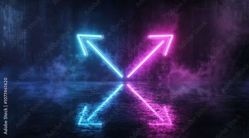 Poster two neon arrows pointing left and right on a dark background, glowing in blue and purple with a refl