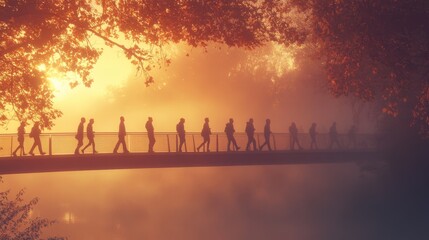 Fototapeta premium Figures stroll in silhouette across a bridge against a backdrop of golden mist and glowing trees at sunset.