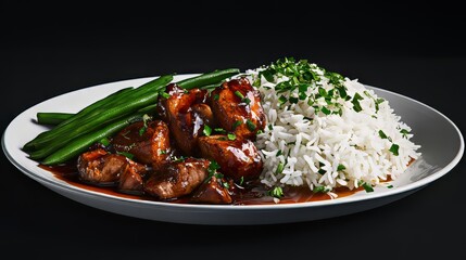 Fototapeta premium Ultra-realistic, photorealistic 8K image of a plate of Chinese food with rice and meat covered in rich sauce, topped with green beans; hypermaximalist detail