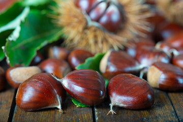 Chestnuts with leaves and burs on a wooden table
