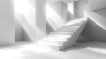 Obraz premium Minimalist white staircase with sunlight streaming through an open doorway.