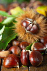 Chestnuts with leaves and burs on a wooden table