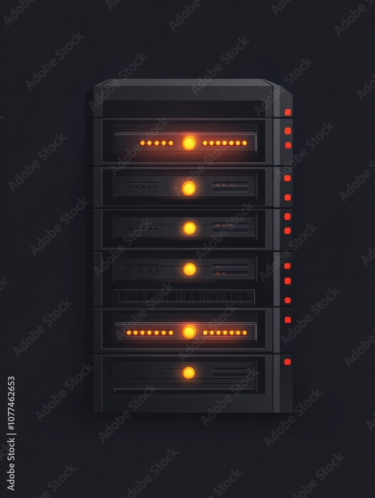 Poster the server rack displays several blinking indicators, showing active data processing and connectivit