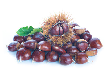 Chestnuts with leaves isolated on a white background
