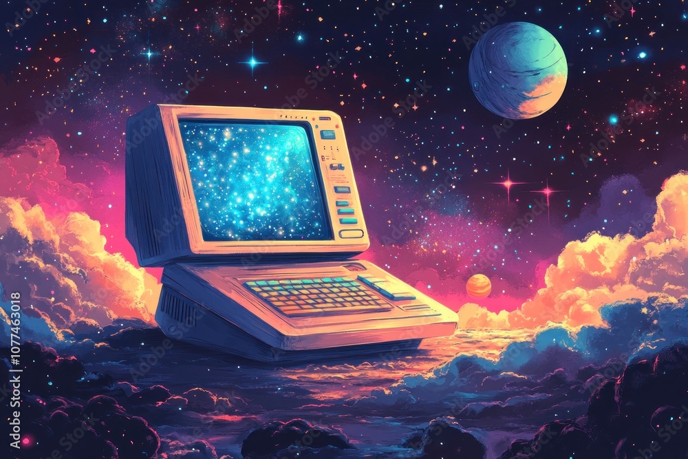 Poster a retro computer sits on a platform of clouds with a starry night sky and planets in the background.