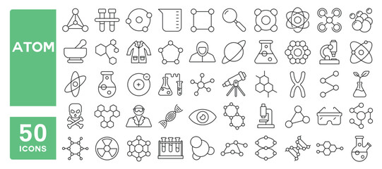 Set of 50 line icons related to atom, molecule, microscopic, neutron, electron, proton, particle, neutron, Editable stroke. Vector illustration