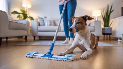 Dog observing a person cleaning the floor with a mop, capturing a playful household moment with pets and daily cleaning activities.