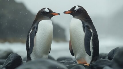 Fototapeta premium Two penguins face each other on a rocky shore, a misty background behind them.