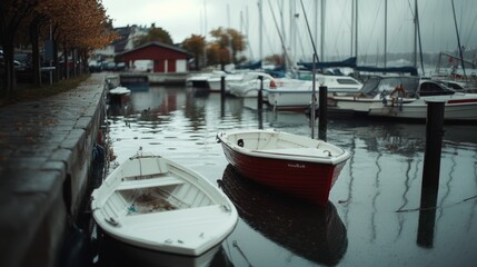 Moored boats sit in a calm, reflective marina under a cloudy sky, evoking a serene and contemplative mood on a peaceful autumn day.