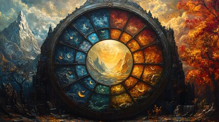 A circular portal depicting elements of nature through vibrant colors and landscapes.
