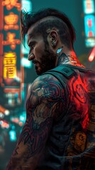 Fototapeta premium Vibrant Punk Man with Mohawk Hairstyle in Neon City Nightlife Back View Tattoo Portrait