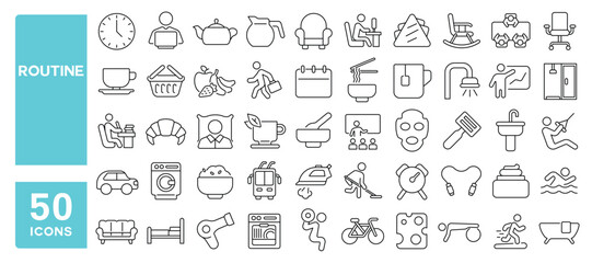 Set of 50 line icons related to routine, morning, wake up, lifestyle, activity, work, sleep, eat, alarm, every day, schedule, Editable stroke. Vector illustration
