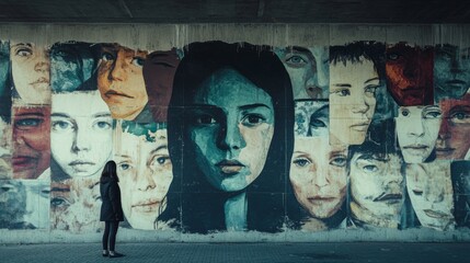 A collection of painted faces on a wall watches over a lone observer, provoking thoughts on identity and collective human experience.