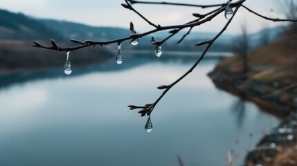 Raindrops delicately hang from a bare tree branch, overlooking a serene lake surrounded by hills, capturing a moment of tranquility in nature.