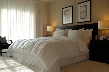 Fototapeta premium modern monochrome bedroom, elegant monochrome bedroom featuring a luxurious king-size bed with white linens, a stylish black nightstand, and cozy lighting