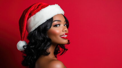 Portrait of beautiful young black woman wearing red Santa hat and celebrating Christmas	