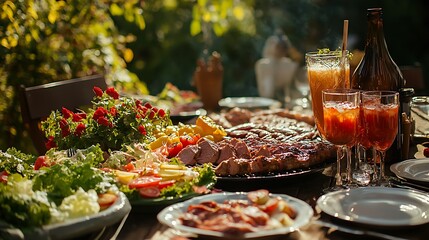 Fototapeta premium Festive outdoor dining scene with a variety of grilled meats salads and drinks on the table emphasizing summer parties BBQ recipes and social gatherings