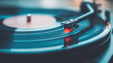 A classic turntable spins a vinyl record, capturing the nostalgia and warmth of analog music in dynamic motion.