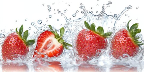 Fresh strawberries with juicy red interiors and a splash of water on a white background