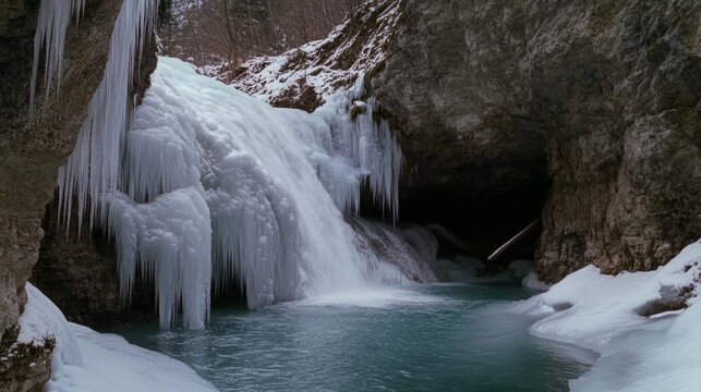 Frozen waterfall and icy rocks envelop a tranquil blue pool, creating a serene winter scene set within a secluded natural enclave.