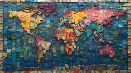 A colorful, artistic map of the world made from textured materials.