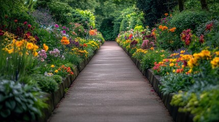 Stone Pathway Through a Lush Garden of Blooming Flowers