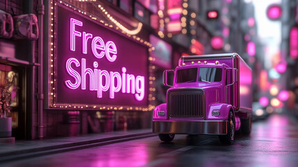 Vibrant city street with neon free shipping advertisement