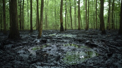 Obraz premium A serene, verdant forest floor, covered in dark, moist earth, tells tales of nature’s enduring cycle.