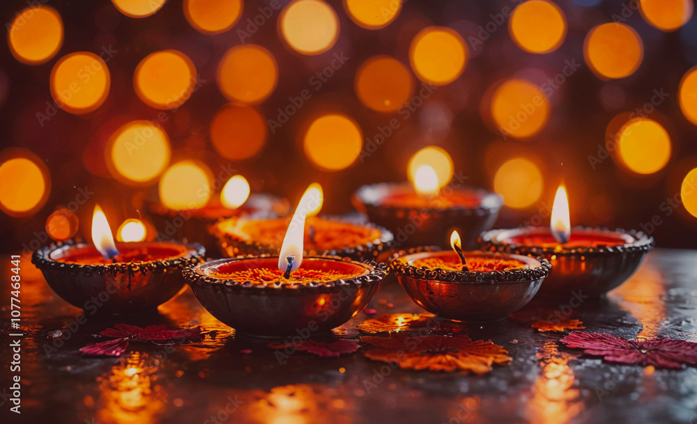 Poster row of candles are lit and sitting on a table