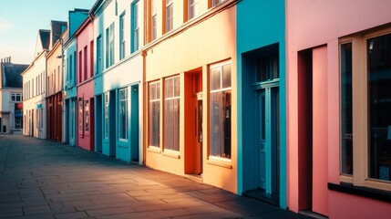 A row of colorful buildings bathed in warm sunlight creates a vibrant street scene, evoking a sense of charm and whimsy.