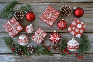 christmas decoration, gift boxes, wooden background
