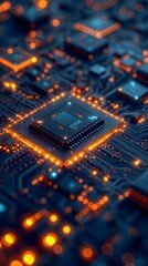 Fototapeta premium Close-Up of Microchip on Circuit Board Featuring Neon Technology Aesthetics