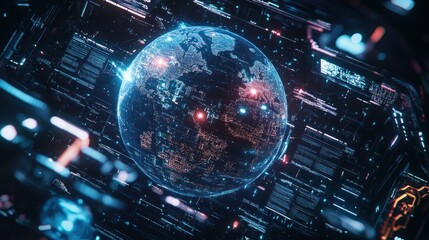 Fototapeta premium Digital Earth Globe Surrounded by Futuristic Interface