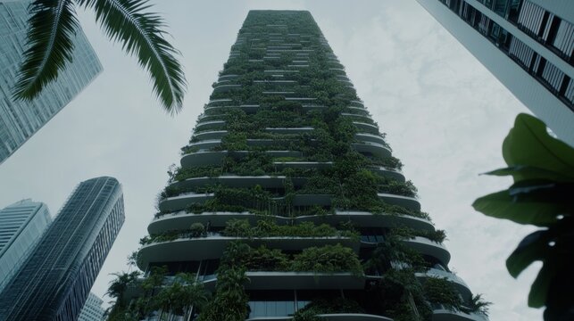 A striking skyscraper adorned with lush greenery towers against the city skyline, showcasing an architectural marriage of urban and natural worlds. - Powered by Adobe