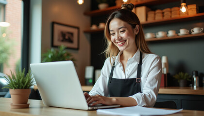 Happy Cafe Worker Using Laptop