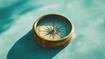 A vintage compass rests on a sunlit surface, casting a shadow and inviting thoughts of exploration and adventure.