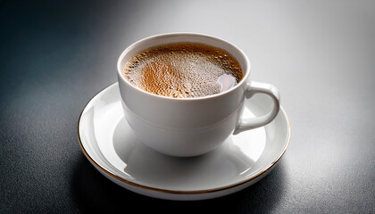 Elegant white ceramic cup filled with black coffee and light foam, set on a saucer with a gold rim against a minimalist background