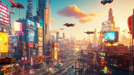 Fototapeta premium Futuristic Cityscape with Flying Vehicles and Illuminated Signage