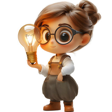 A whimsical 3D cartoon rendering of a businesswoman holding a light bulb to signify creative business ideas, set against a white background.
