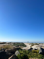 Serene Beach Landscape with Blue Sky and Sand Dunes