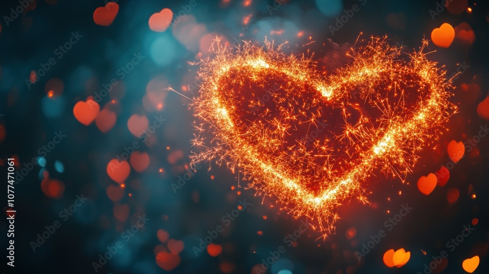 Poster a fiery heart shape with sparkling particles on a dark background with defocused hearts.