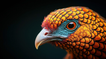 Obraz premium Close-up of a vibrant bird with orange and blue plumage, featuring intricate feather details and intense eye focus against a dark background.