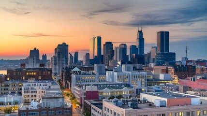 Stunning Cityscape: A Breathtaking Aerial View of Skyscrapers and Urban Life During Sunset, Showcasing Vibrant Colors and Modern Architecture
