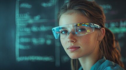 A young person with futuristic glasses gazes thoughtfully, symbolizing curiosity and the possibilities of technological advancements.