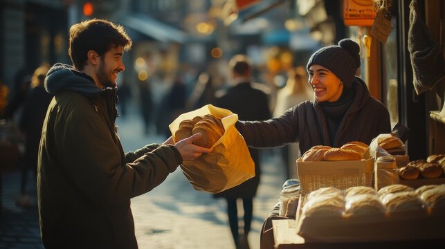 A joyful exchange of freshly baked bread between a smiling vendor and an appreciative customer under the warm glow of a street-marketed morning.