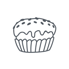 Black and white outline drawing of cupcake in simple doodle style. American pastry dessert. Flat vector monochrome icon isolated on white background.